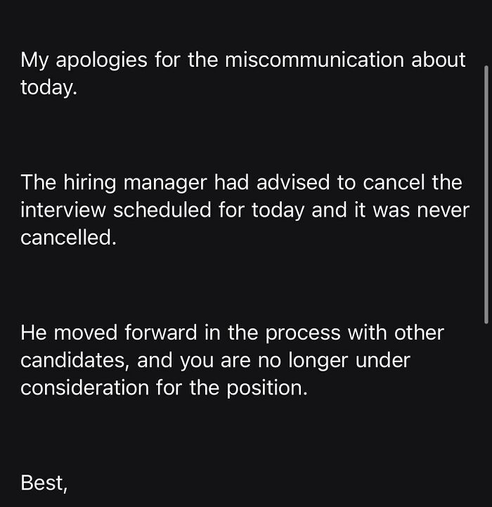 An email from a recruiter canceling an interview and stating a candidate is no longer considered for a new job.