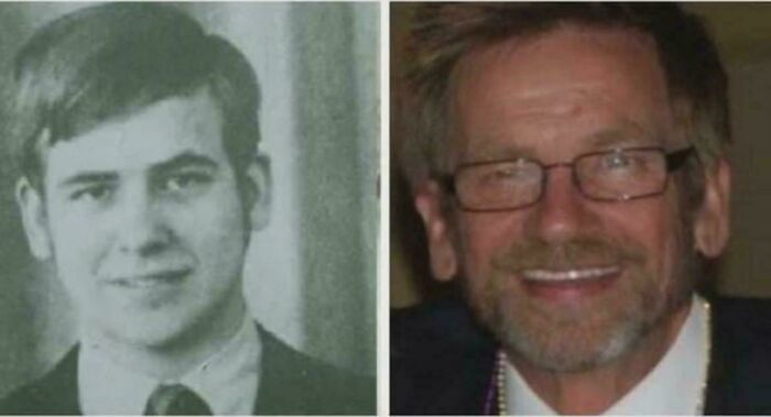 Side-by-side portraits showing a man’s transformation over decades in an interesting vault of world stories and oddities.