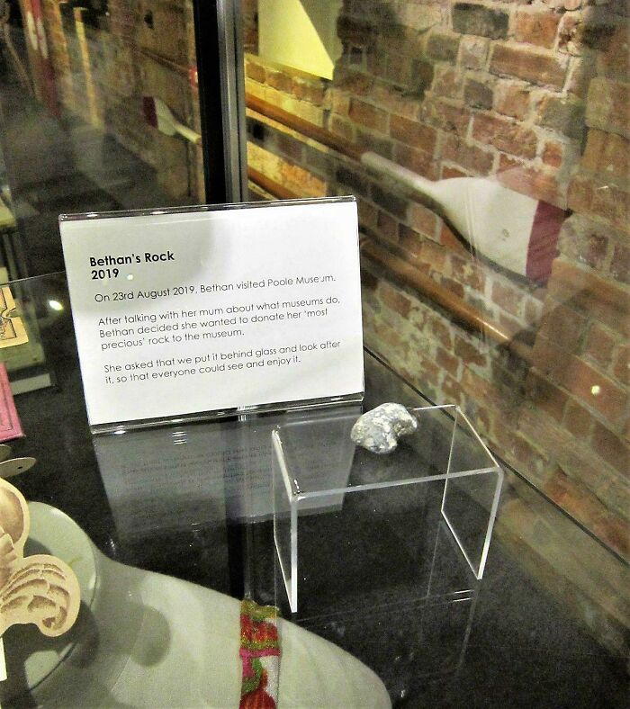 Small rock displayed in a museum glass case with an information card, showcasing interesting vault of unique stories and oddities.