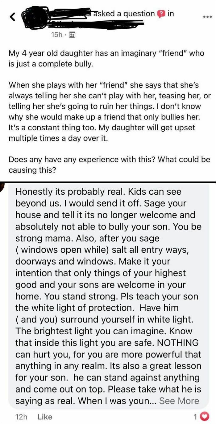 Screenshot of a mom group post discussing an imaginary friend bullying a child and seeking advice.
