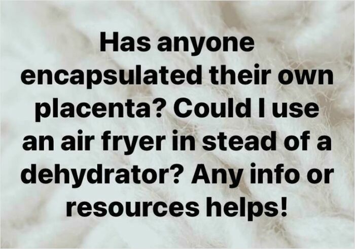 Mom group post asking about encapsulating placenta and using an air fryer instead of a dehydrator for processing.