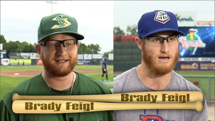 Two baseball players named Brady Feigl wearing different team caps during interviews at baseball stadiums.