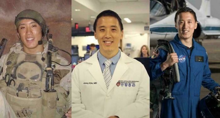 Man shown in three phases of life: military uniform, medical coat, and astronaut suit, highlighting interesting vault stories.