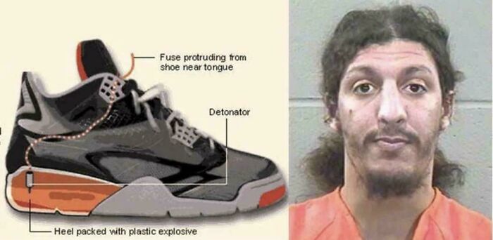 Diagram of an explosive shoe with labeled parts next to a mugshot, illustrating a bizarre story from the interesting vault.