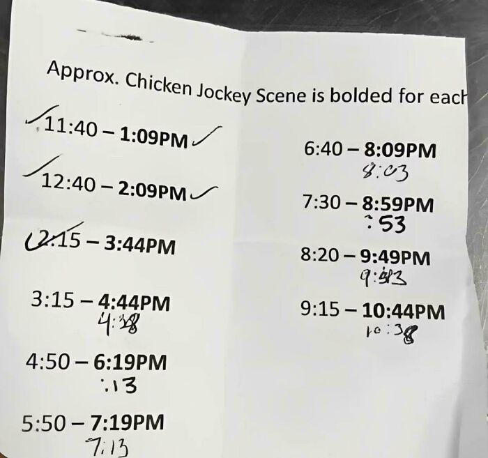 Printed schedule with handwritten time adjustments showing interesting vault of event timings in PM hours.