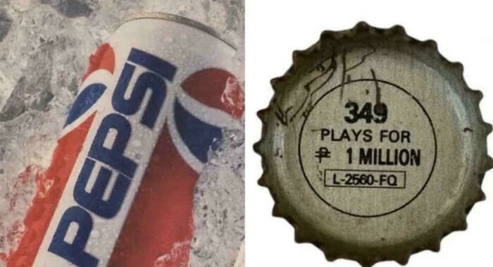Pepsi can in ice beside a bottle cap with a 1 million prize label, showcasing interesting vault stories and oddities.