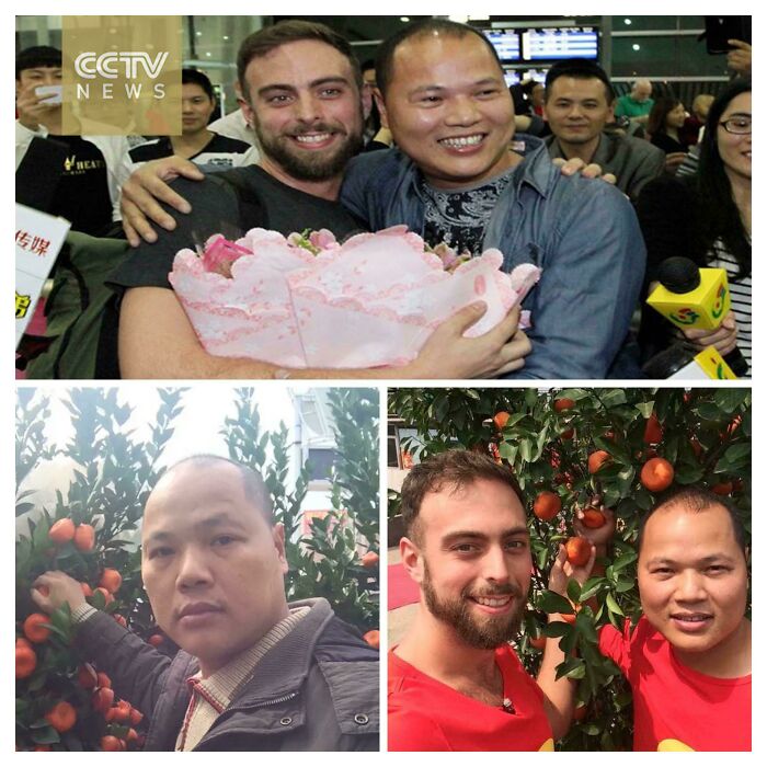 Two men smiling and posing with flowers and oranges in a story from interesting vault oddities worldwide.