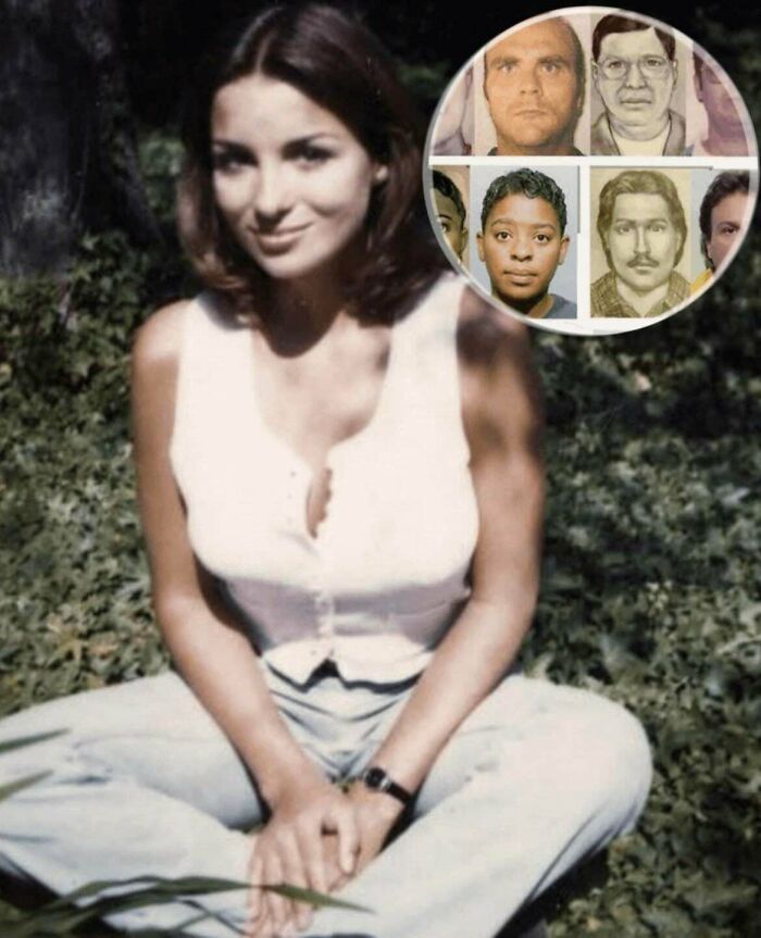 Young woman sitting outdoors in casual clothes with inset showing bizarre police sketches, highlighting interesting vault stories.