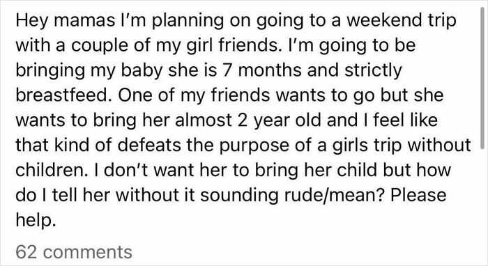 Mom group post asking how to tell a friend not to bring her toddler on a girls weekend trip without sounding rude
