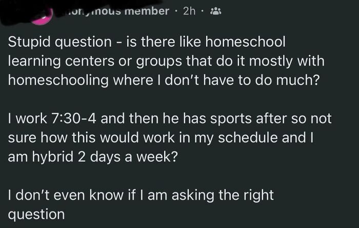 Screenshot of a mom group post asking about homeschool learning centers and schedule challenges in a mom groups discussion.