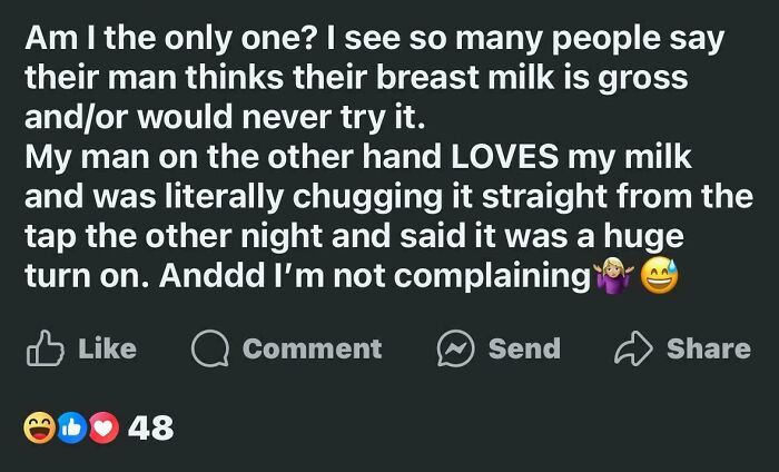 Unhinged post from mom groups discussing partner's reaction to breast milk and sharing personal experiences online.