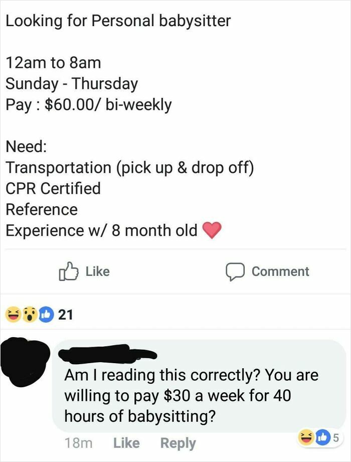 Screenshot of a mom group post seeking a personal babysitter with low pay causing a critical comment response.
