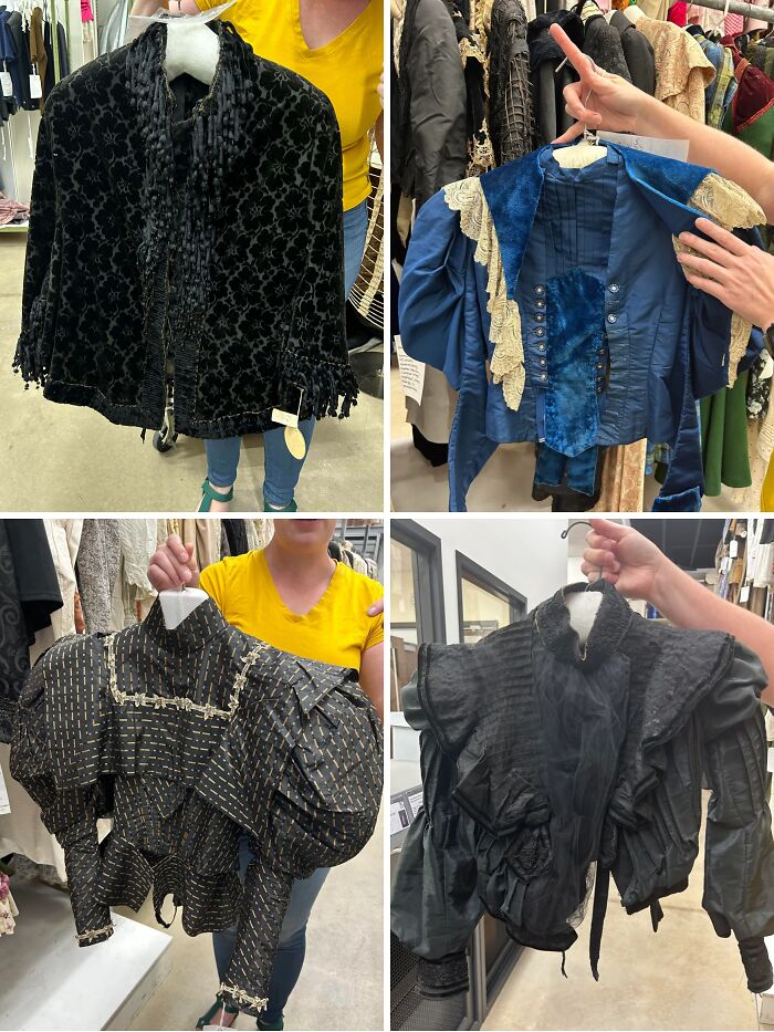 Victorian era photos showing detailed vintage clothing pieces from the period held by a person in a yellow shirt.