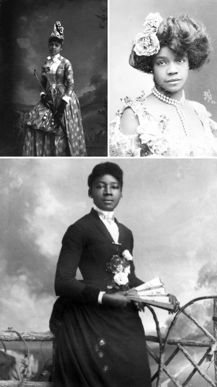 Three Victorian era portraits of Black women in period dresses and accessories, showcasing Victorian era photos.