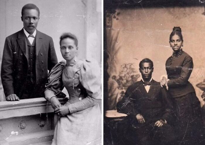 Black couples dressed in Victorian era clothing posing for formal period photos in early photography styles.
