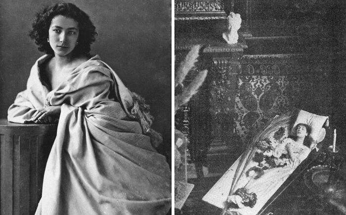 Victorian era photos showing a woman draped in cloth and a post-mortem portrait in an ornate Victorian room.