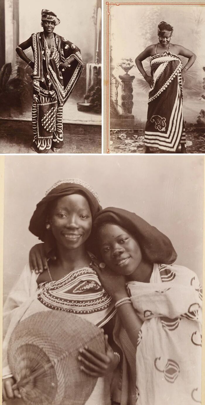Victorian era photos showing African women in traditional clothing and headwear with smiling faces and posed portraits.