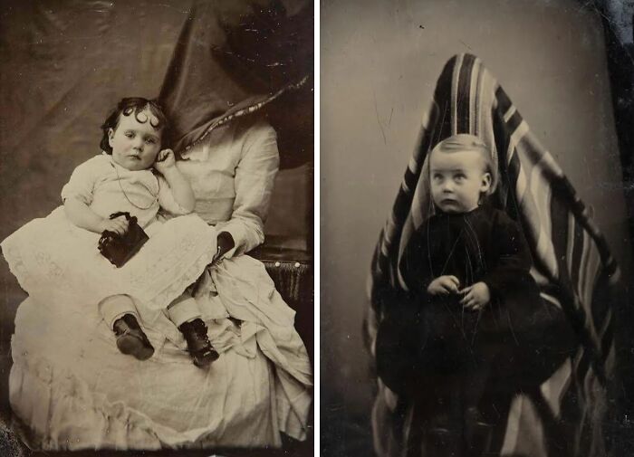 Victorian Era photos showing children with hidden faces, illustrating unique photography practices of the period.