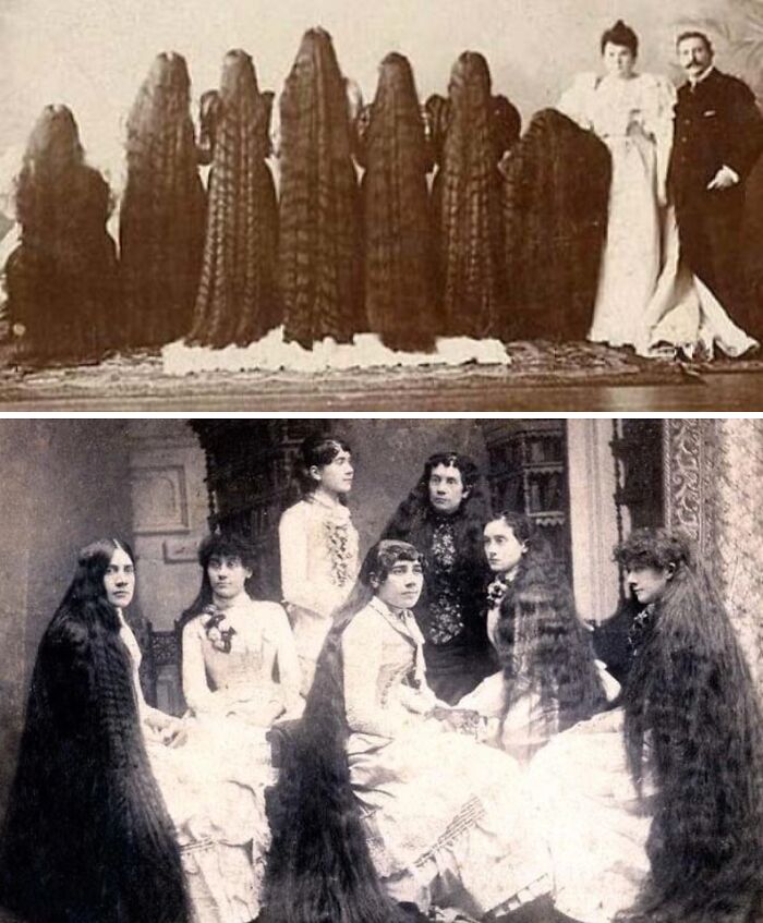 Victorian era photos showing women with exceptionally long hair in period dresses posing in vintage settings.