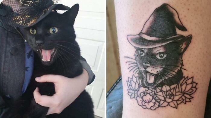 Black cat wearing a witch hat beside a matching tattoo of the cat with flowers, showcasing cool tattoos without regrets.