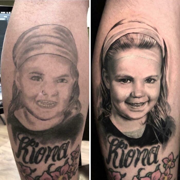 Before and after tattoo cover-up of a realistic portrait of a young girl with detailed shading and floral designs.