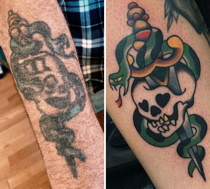 Before and after images of cool tattoos featuring a skull and snake design that didn’t turn into permanent regrets.