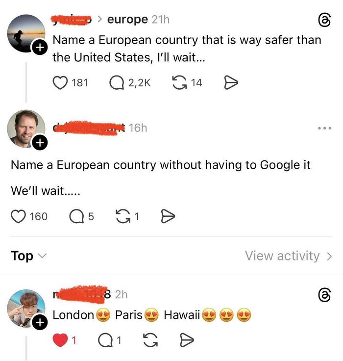 Social media thread showing Americans confidently posting incorrect European countries.