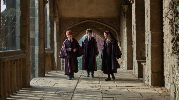 Three Harry Potter characters in robes walking down a stone corridor amid Harry Potter fans brutally trolling one character.