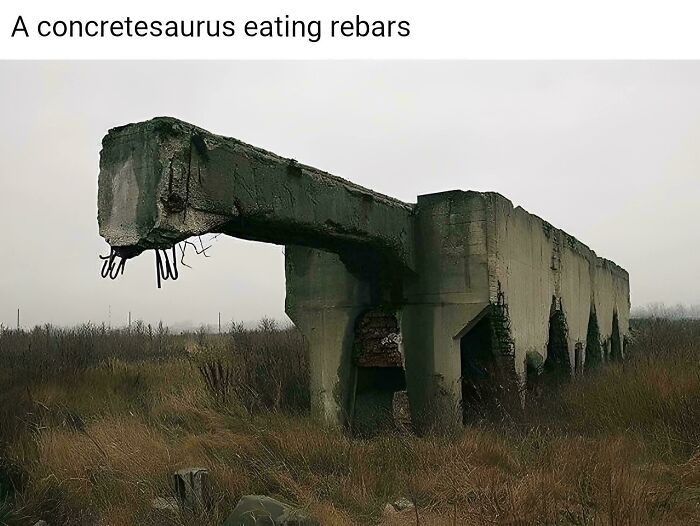 Interesting post of a concretesaurus eating rebars, an unusual and artistic concrete structure in a field.