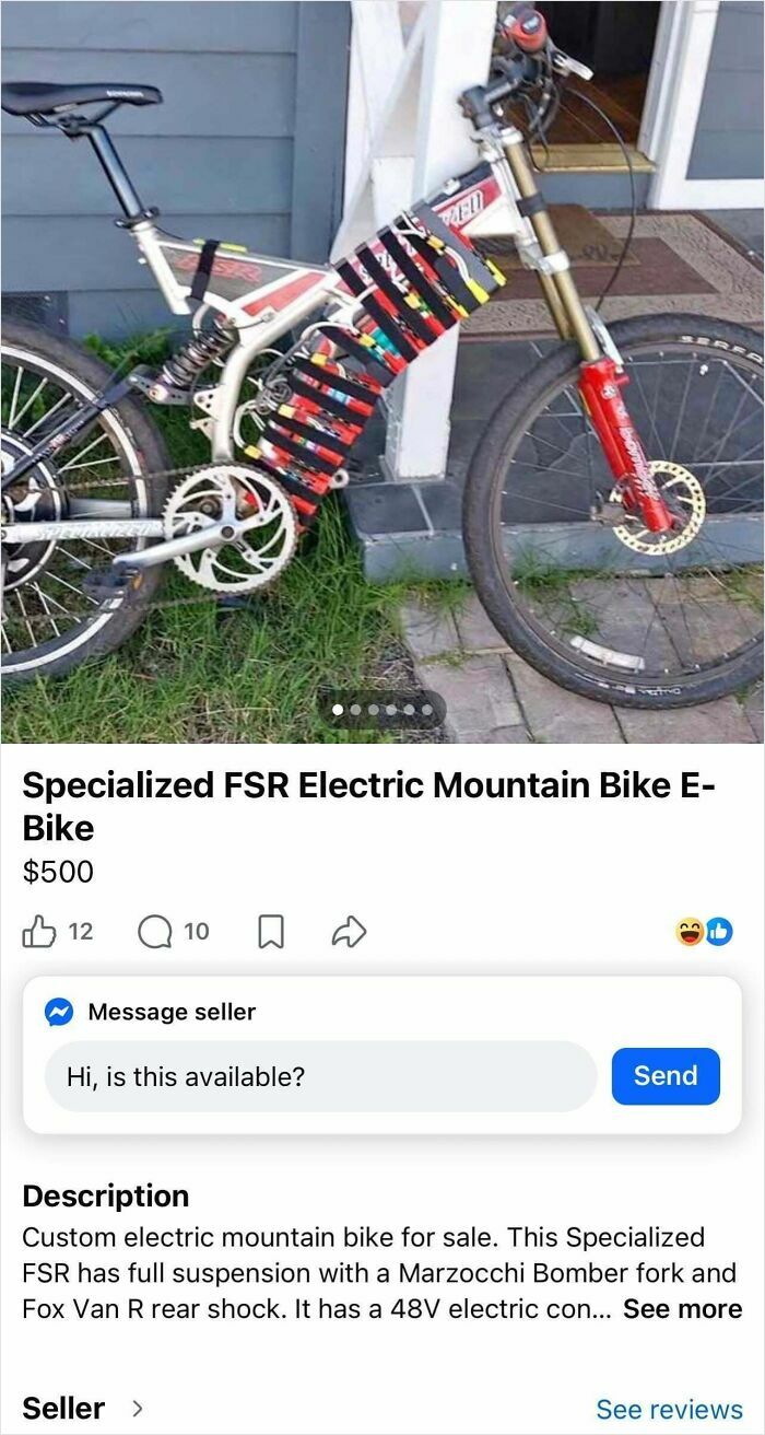 Electric mountain bike with colorful battery pack attached, listed for sale among bizarre online listings.