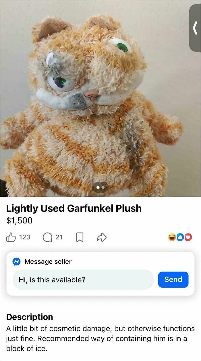 Bizarre online listing of a lightly used Garfunkel plush with cosmetic damage priced at $1,500 for sale.