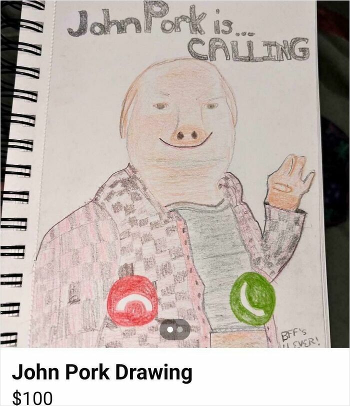 Hand-drawn sketch of a pig-faced person with the phrase "John Pork is Calling," listed among bizarre things for sale online.