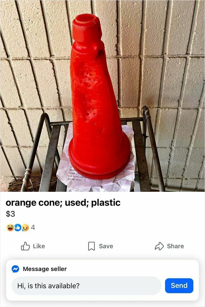 Used orange plastic cone listed online showing bizarre things people are selling with unusual listings and prices.