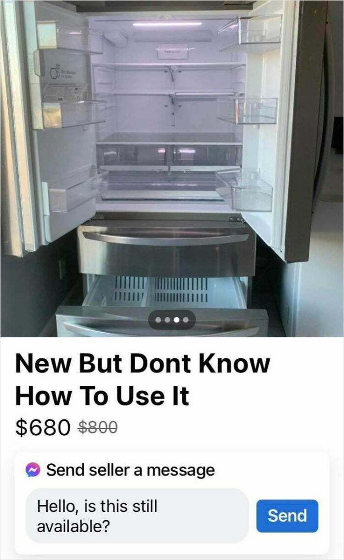 Open empty stainless steel refrigerator listing priced at 680 dollars in bizarre online sales with unusual descriptions