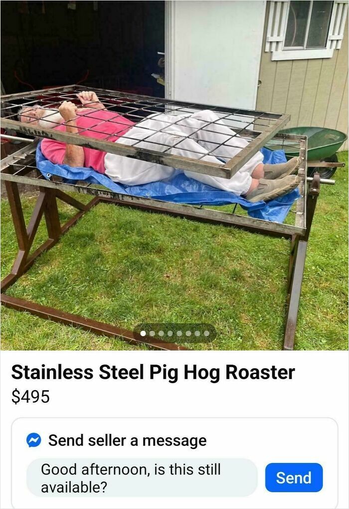 Person lying inside a bizarre stainless steel pig hog roaster listed for sale in unusual online listings.