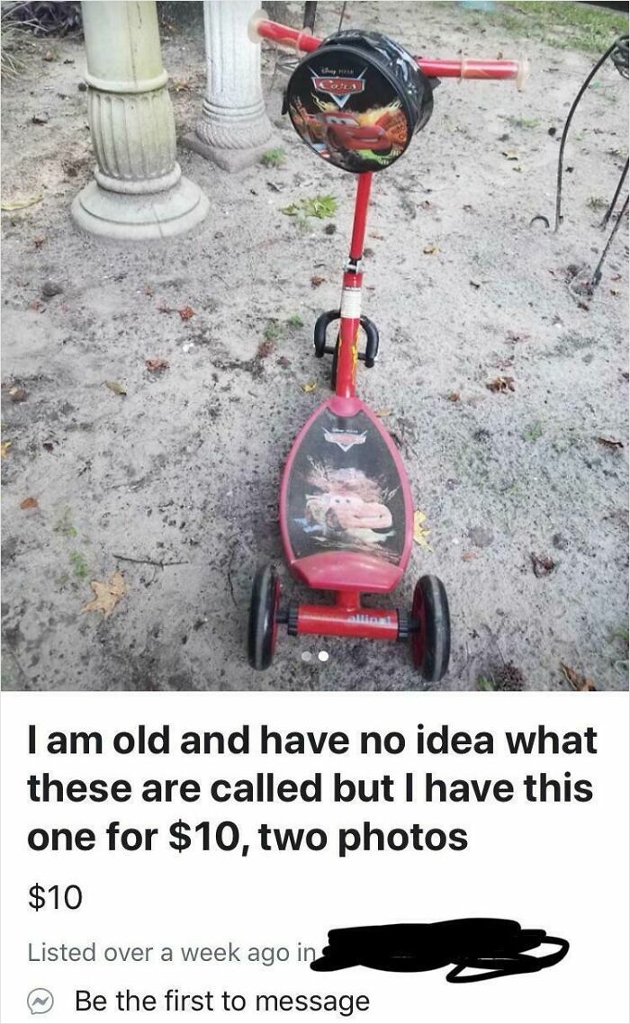 Red three-wheeled kids scooter with Cars movie design, listed among bizarre things people are selling online.
