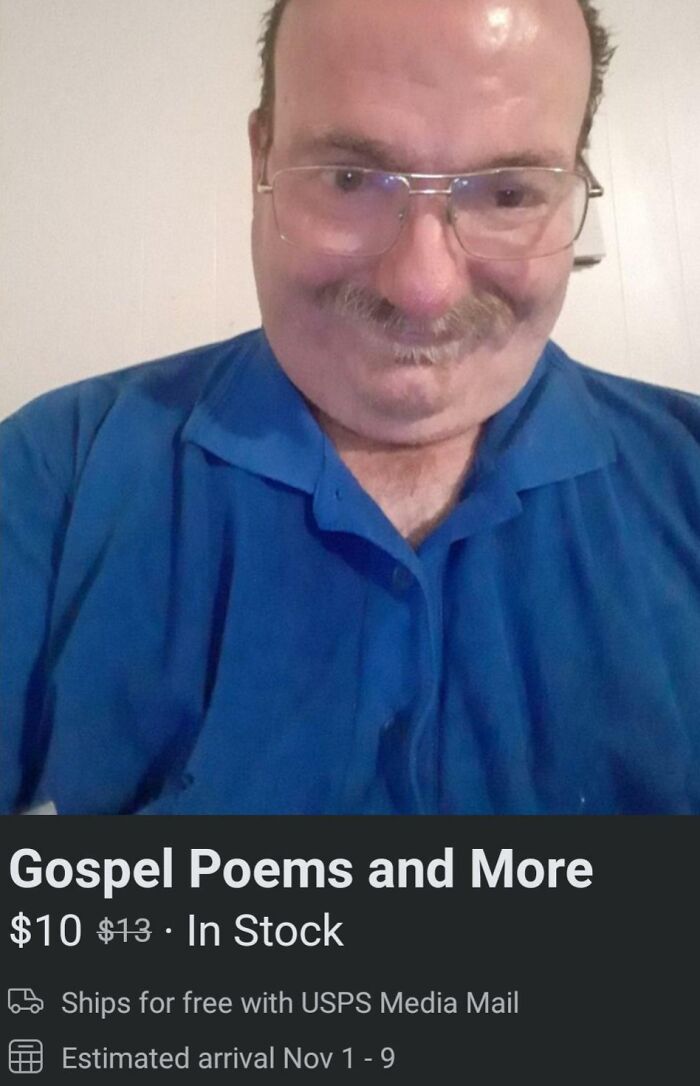 Man in blue shirt and glasses selling bizarre items online including gospel poems with free USPS Media Mail shipping.