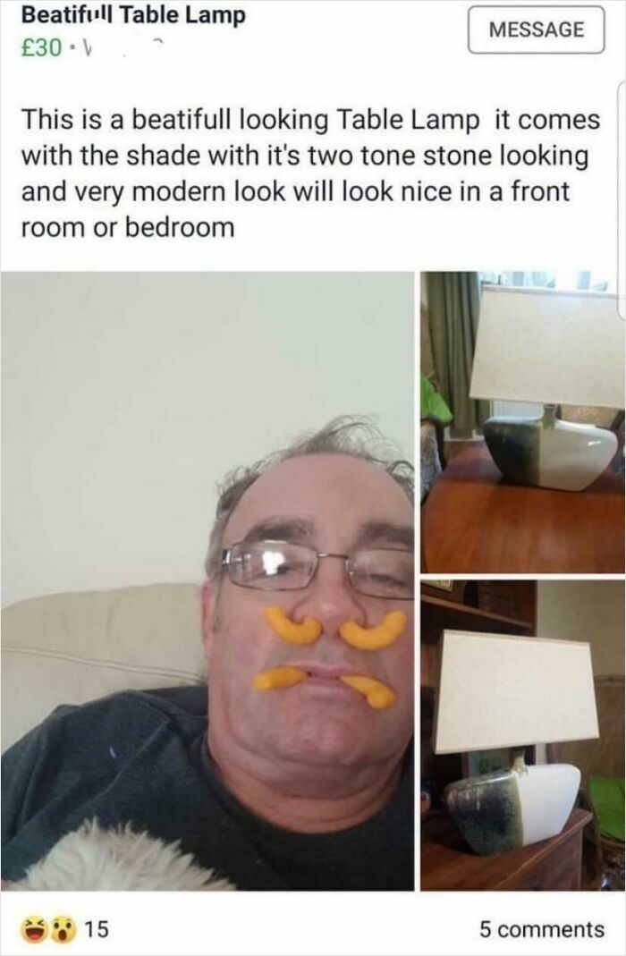 Man with cheese curls on his face next to bizarre online listings of a two-tone stone looking modern table lamp.