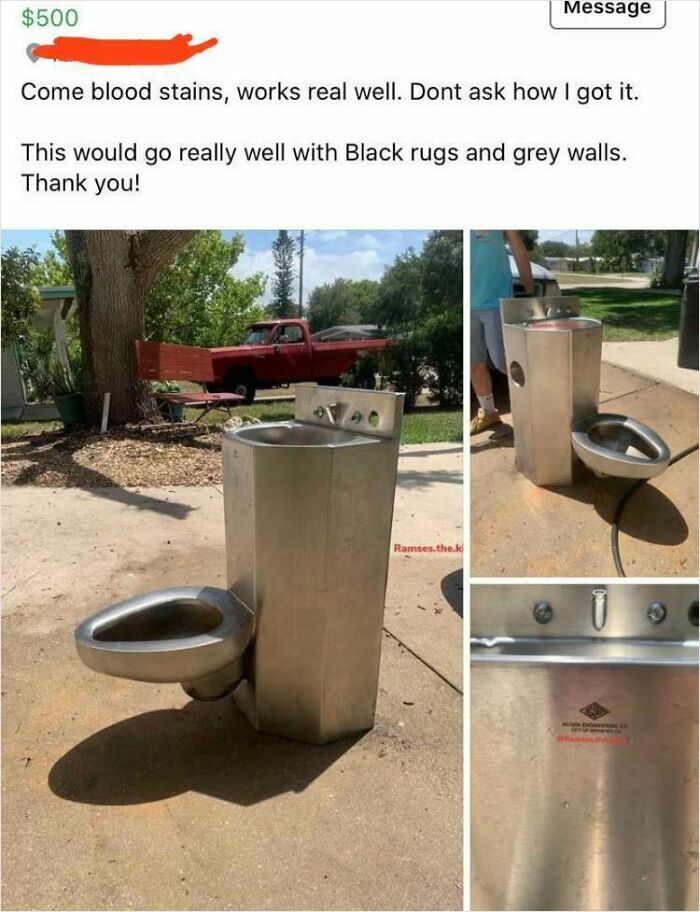 Metal sink and toilet combo listed for sale outdoors as part of bizarre things people are selling online in unusual listings.