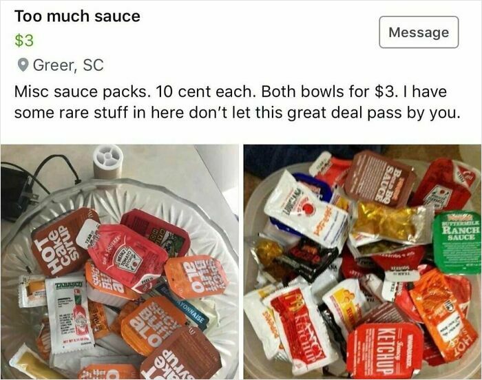 Bizarre things for sale online including assorted sauce packets offered in a unique and wild online listing.