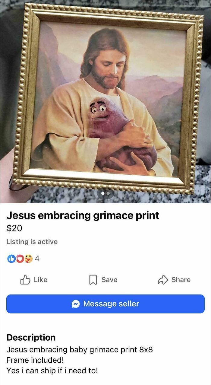 Framed print of Jesus embracing a purple grimace character, a bizarre item listed for sale online.