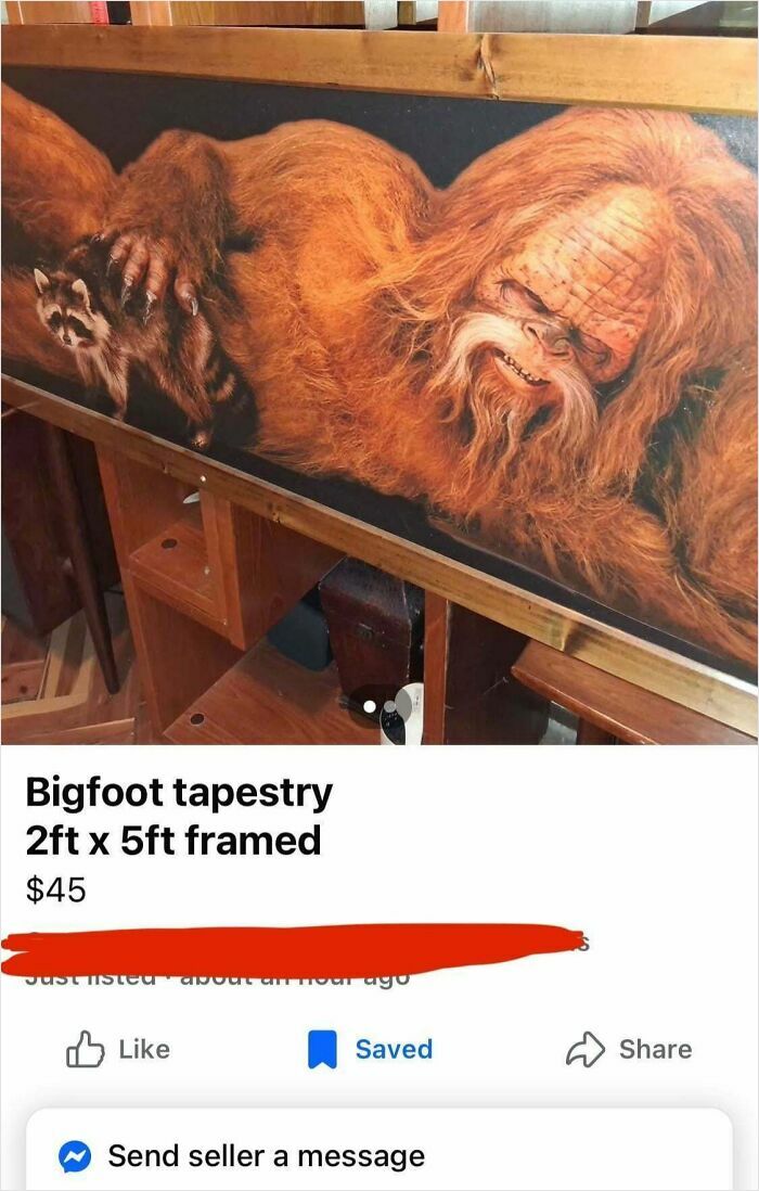 Bigfoot tapestry framed 2 by 5 feet listed for sale as part of bizarre things people are selling online.