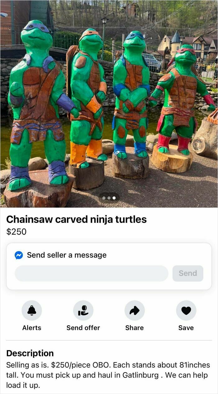 Chainsaw carved ninja turtles statues for sale, each about 81 inches tall, listed among bizarre things online.