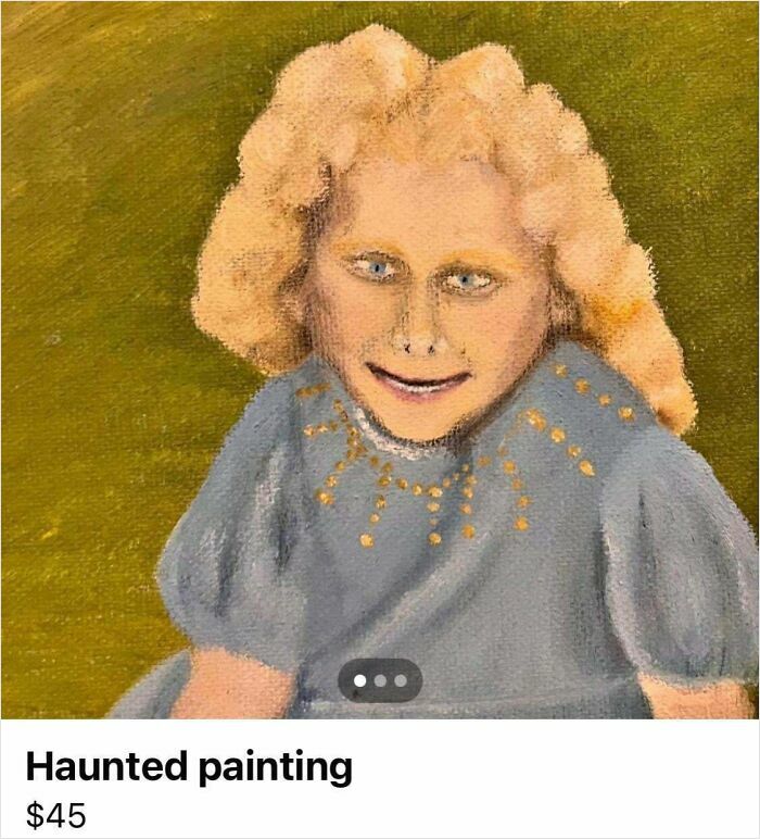 Haunted painting of a smiling girl with curly blonde hair, listed among bizarre things people are selling online.