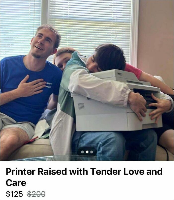 Three people sitting on a couch, one hugging a printer, showcasing bizarre things people are selling online.