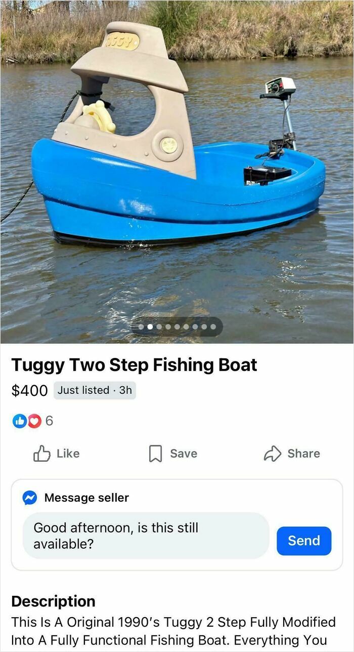Small blue Tuggy Two Step fishing boat floating on water, a bizarre thing people are selling online.