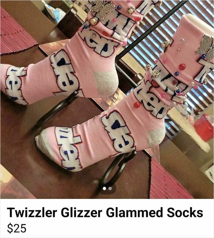 Pink Twizzler Glizzer glammed socks with beads and charms, one of the most bizarre things people are selling online.
