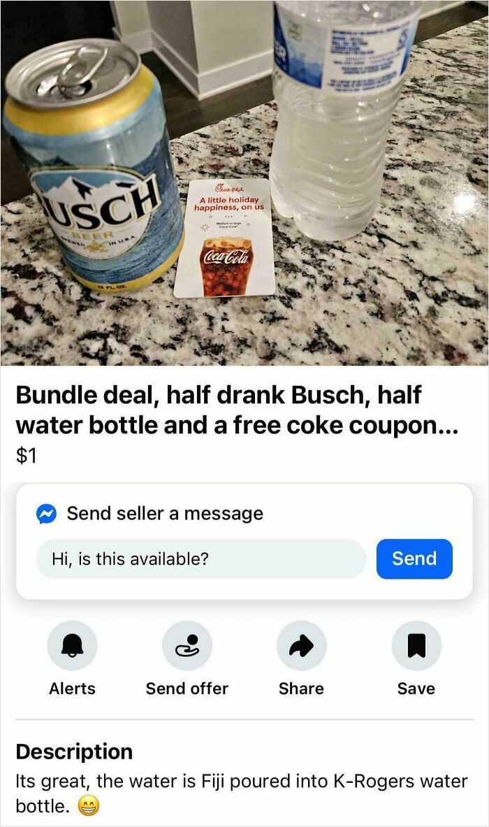 Listing showing bizarre things online including half drank Busch beer, half water bottle, and a free Coke coupon bundle deal for sale.