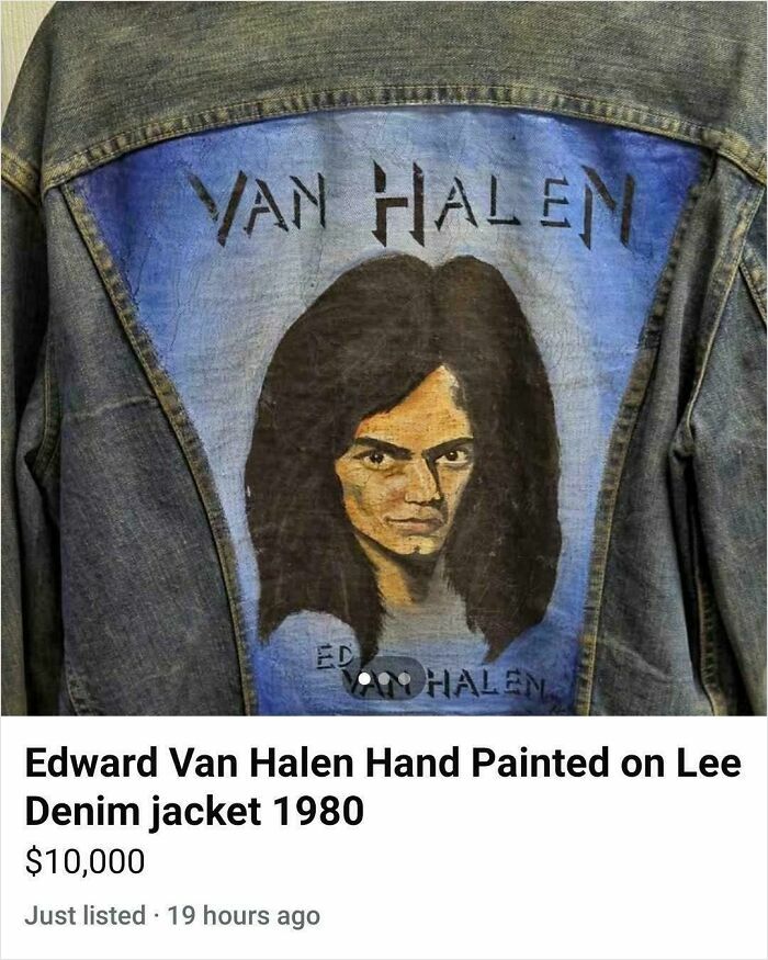 Denim jacket with hand painted Edward Van Halen portrait, an unusual and bizarre item being sold online.