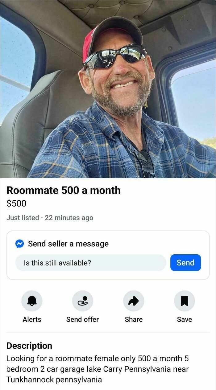 Man in sunglasses and cap smiling, listing bizarre roommate rental for $500 a month in unusual online selling listings.